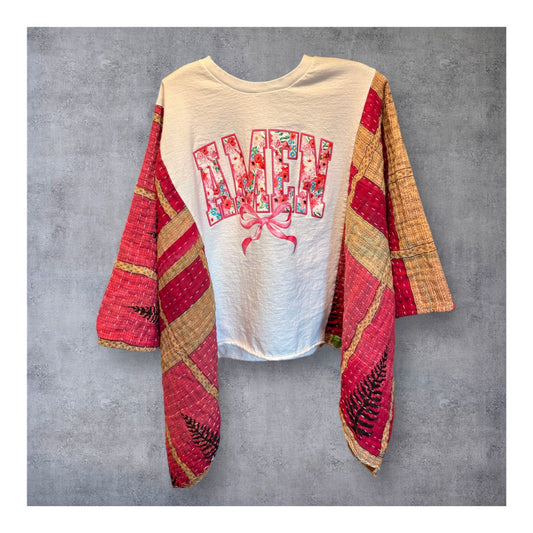 Amen Upcycled Vintage Kantha Quilt Poncho Tee One Size Fits a Small to XL