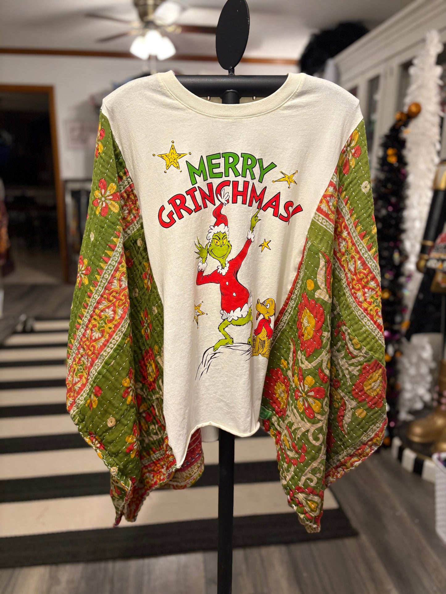 Merry Grinchmas Vintage Kantha Quilt Poncho Tee One Size Fits a Small to XXL