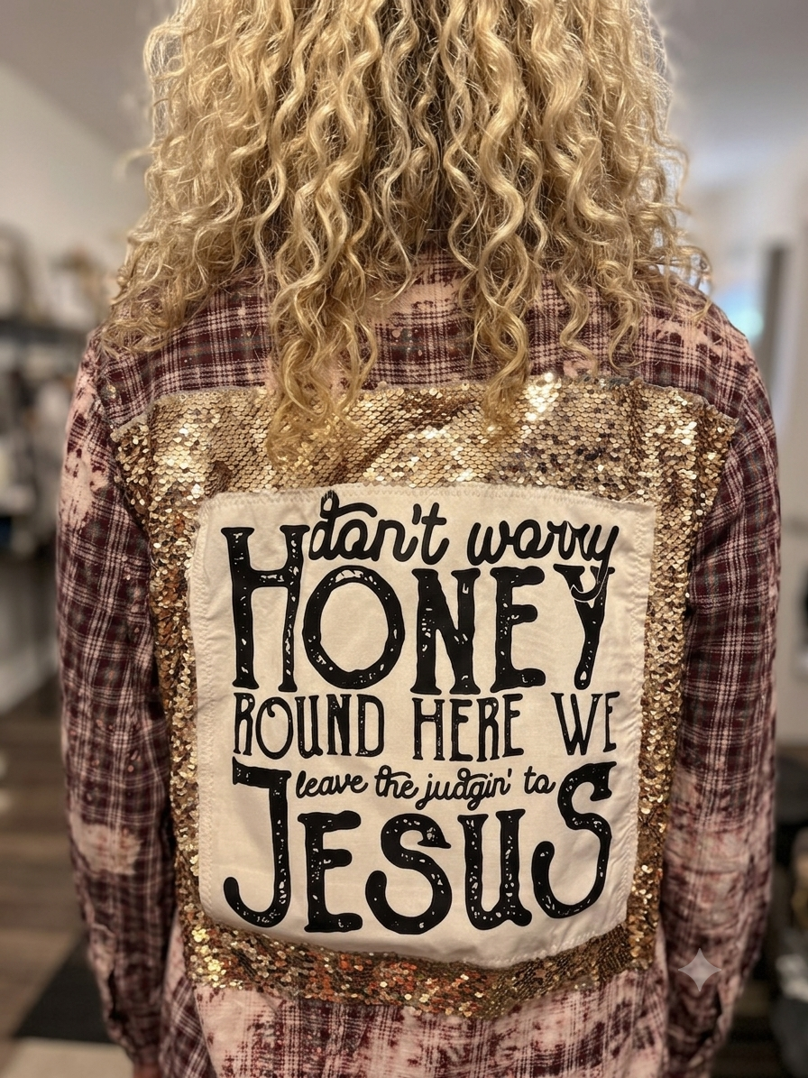 Honey Jesus Flashy Flannel with Sequin Panel Small to XL 4-16