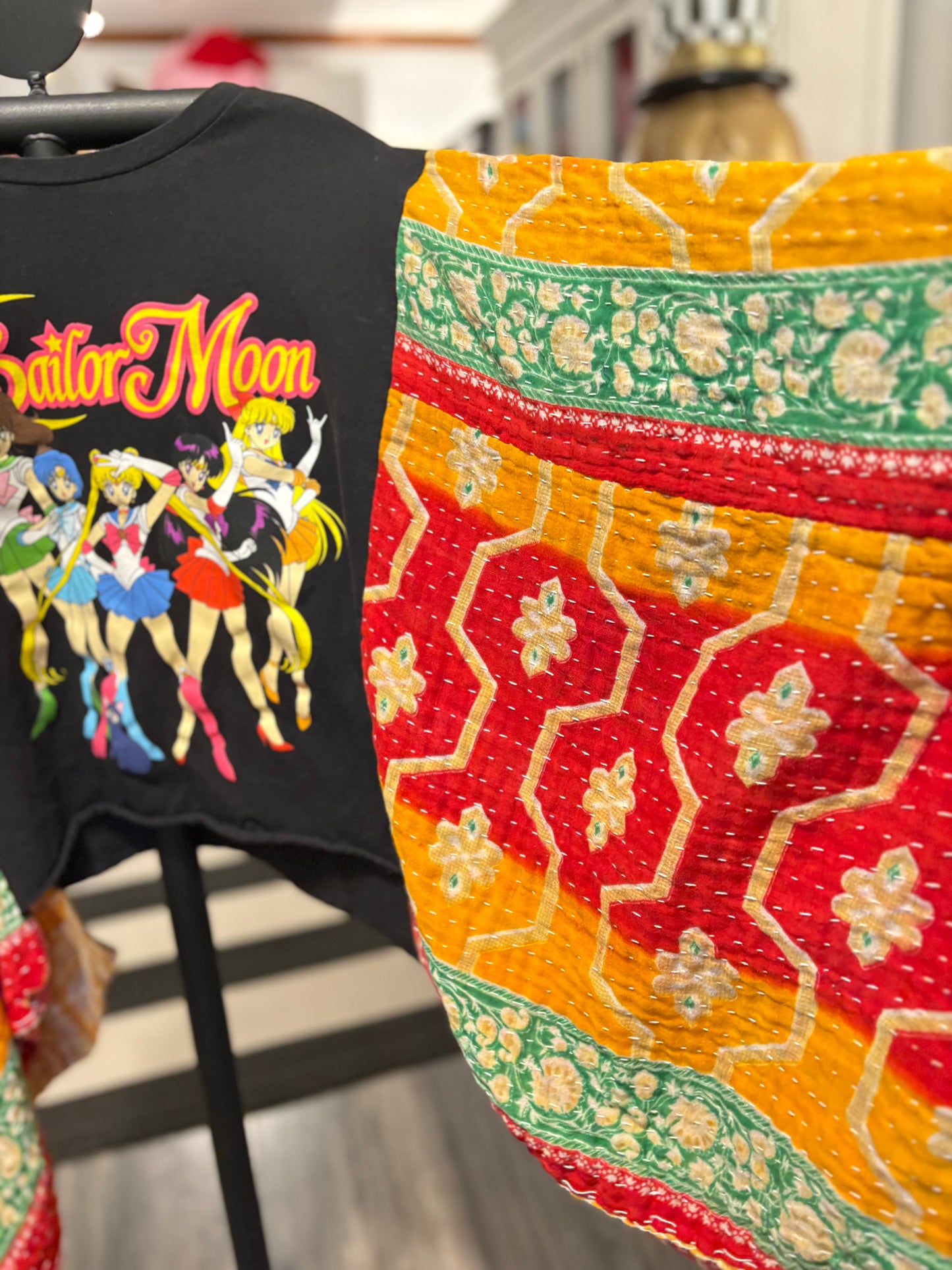 Sailor Moon Upcycled Vintage Kantha Poncho Tee Fits A Size Small to XXL CROPPED