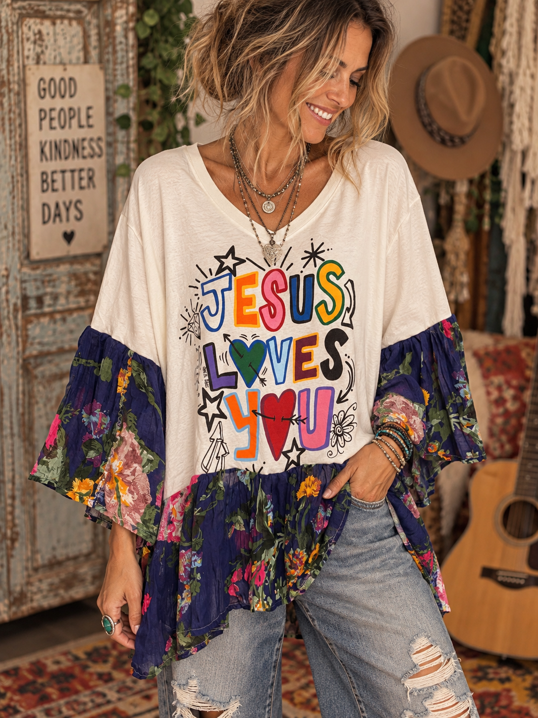 Jesus Loves You Glam Sleeve Tee Fits a Small to XL