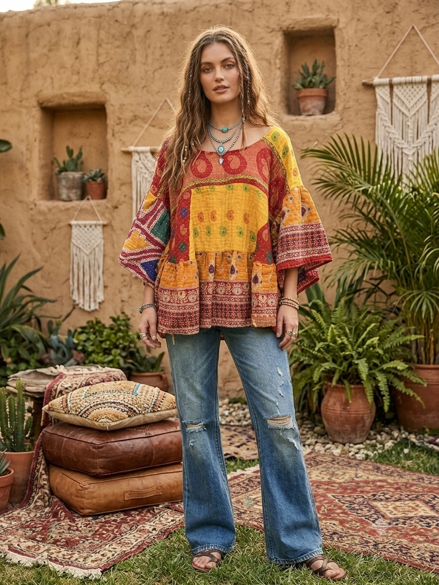 Janice Kantha Circle Top One Size Fits a Small to 3X