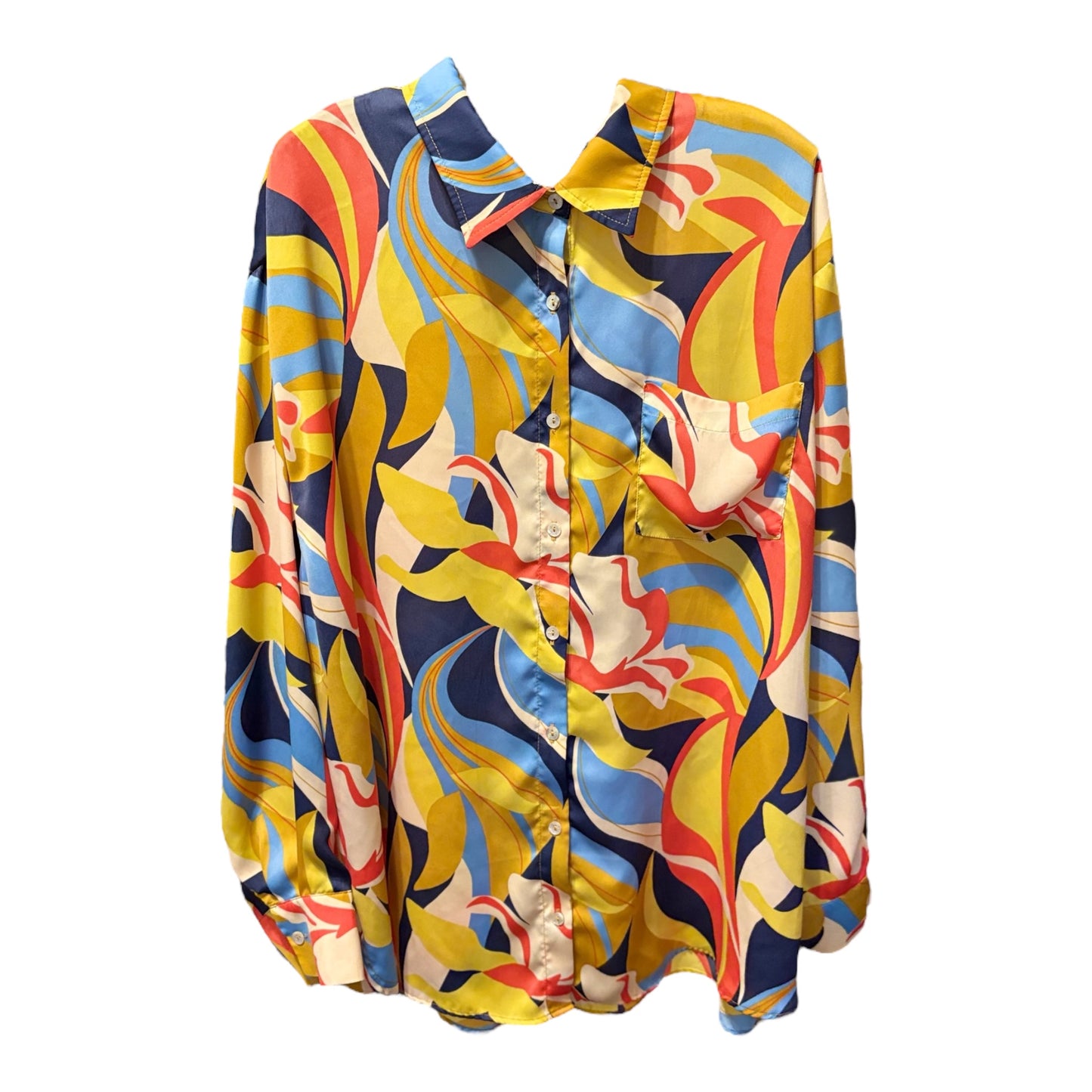 Easel Mirabelle Blue Mustard Satin Blouse Plus Size