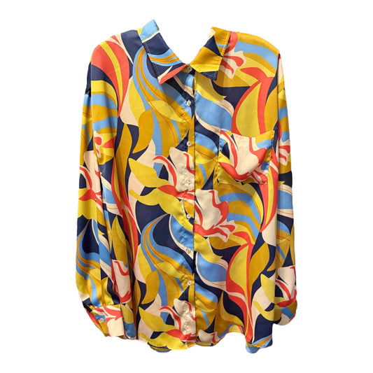 Easel Mirabelle Blue Mustard Satin Blouse Plus Size