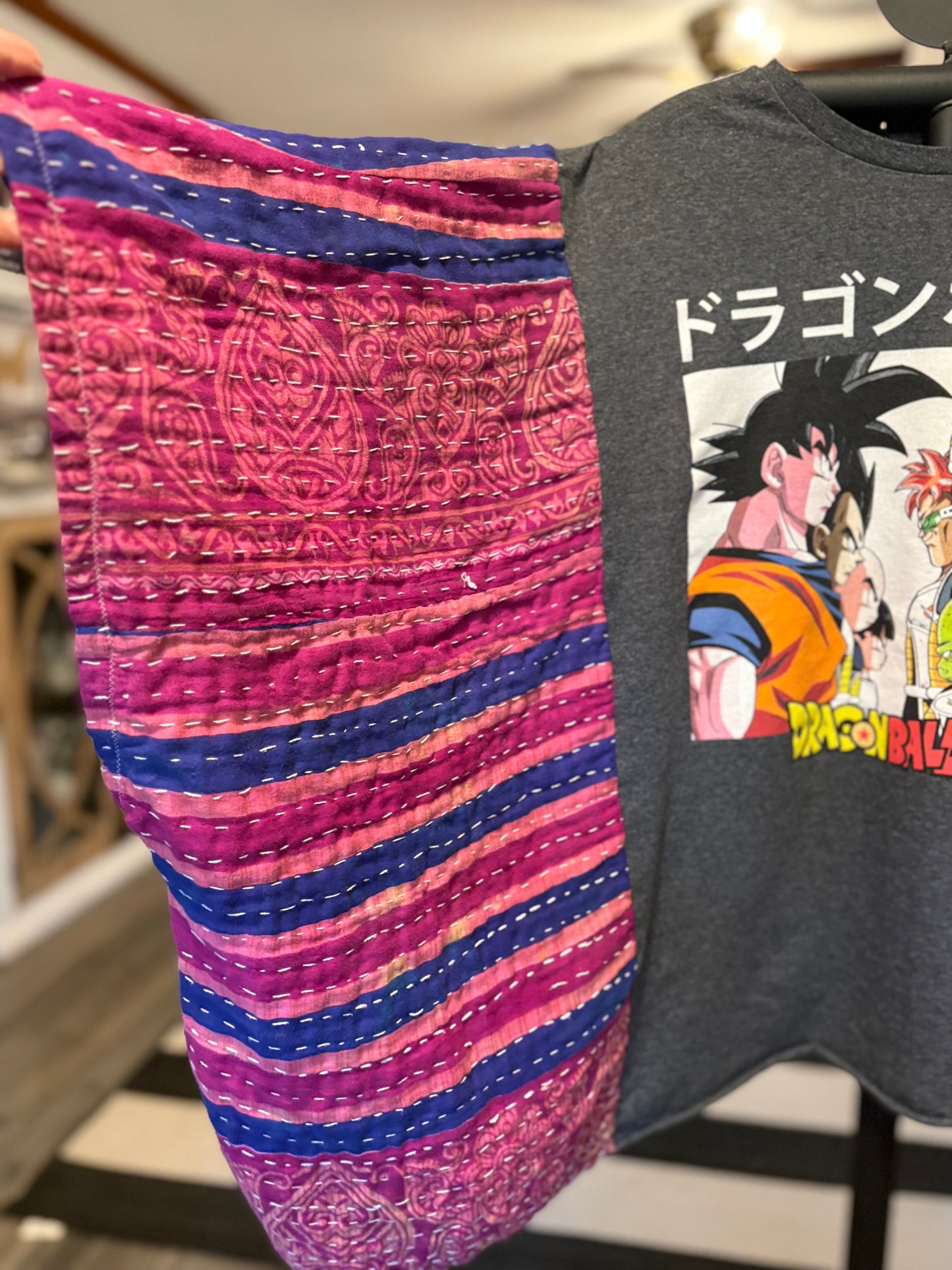 Dragon Ball Z Upcycled Vintage Kantha Poncho Tee Fits A Size Small to XXL