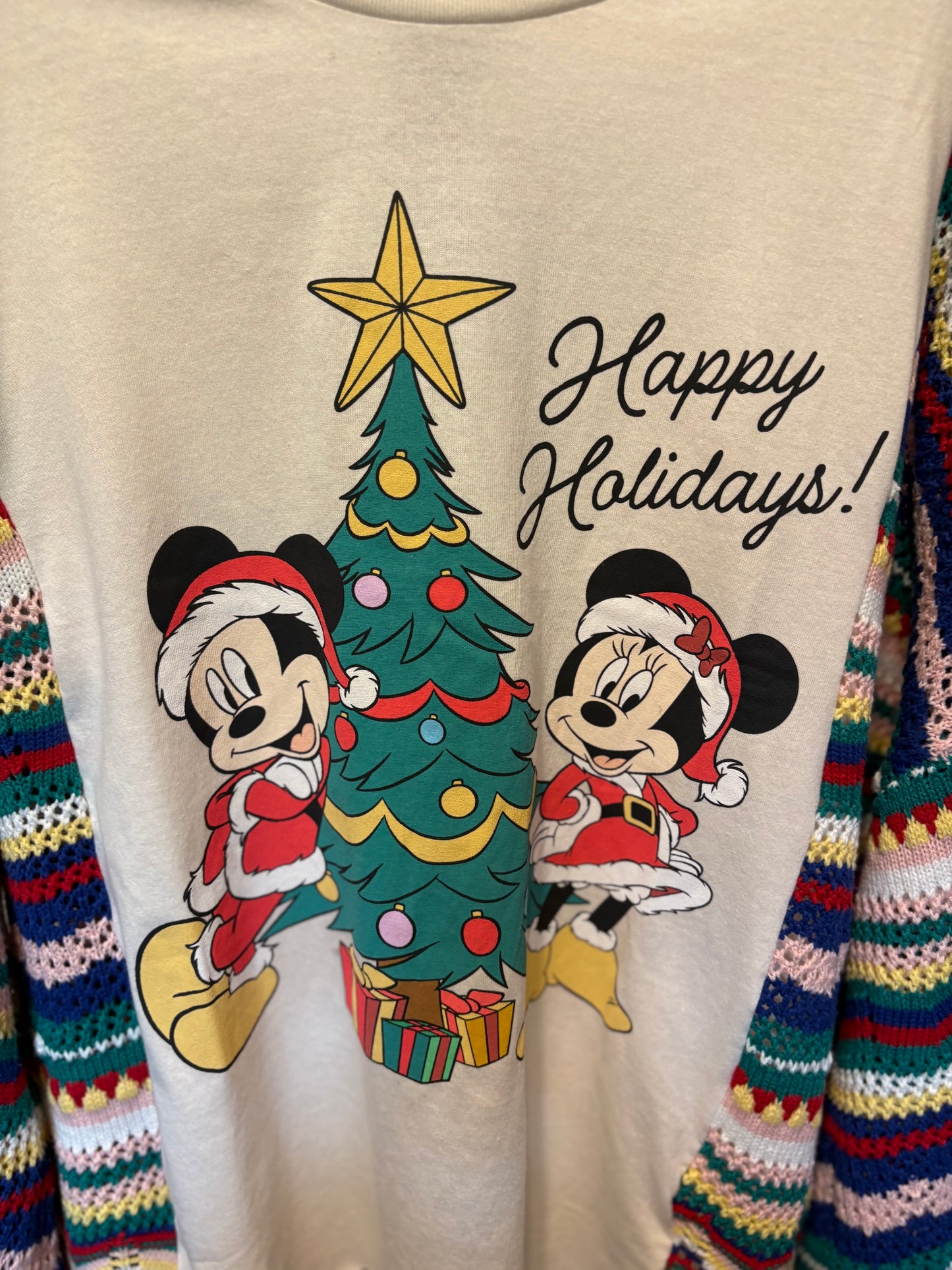 Mickeys Christmas Upcycled Drop-Sleeve Sweater Tee One Size Fits a Small to XXL