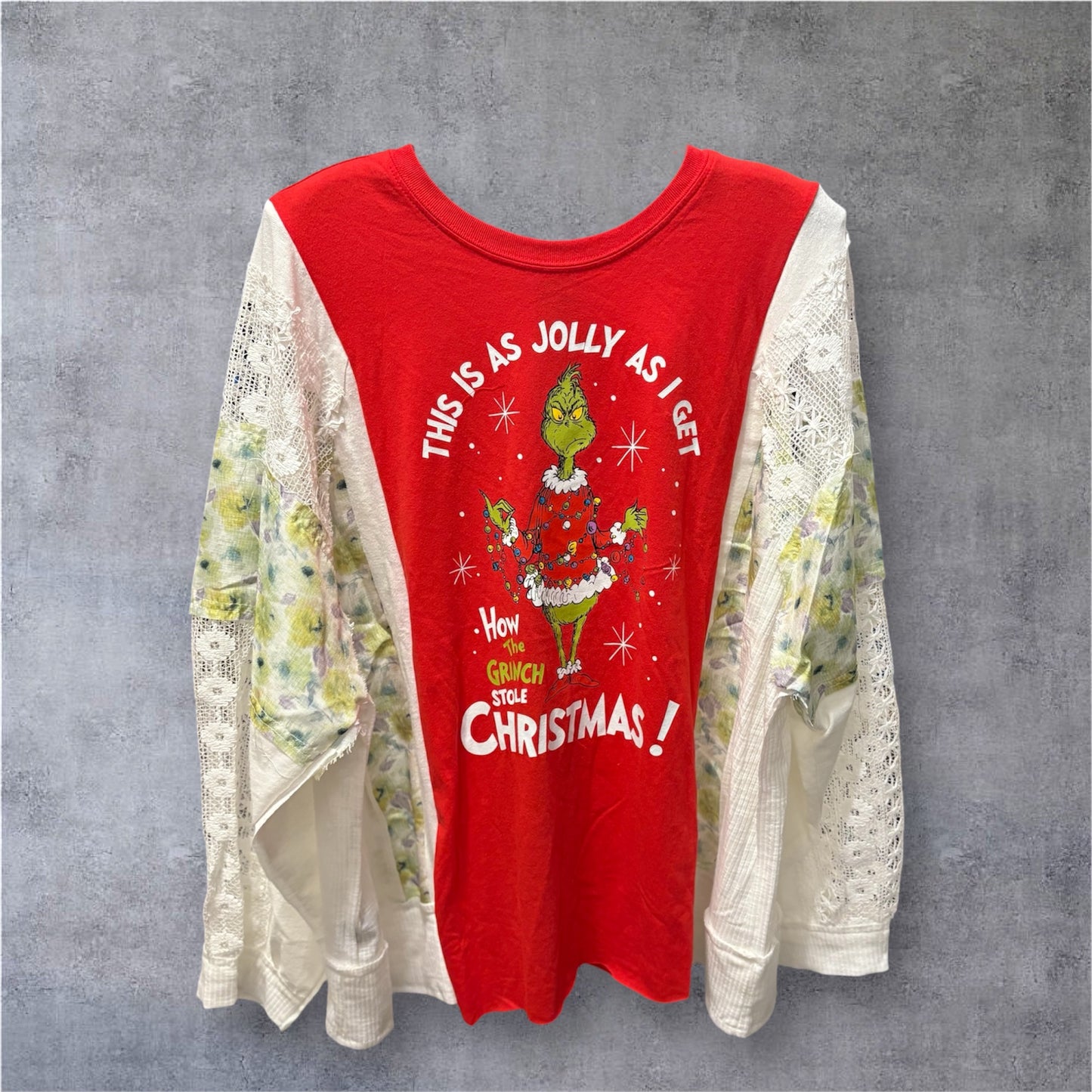 Jolly Grinch Upcycled Frayed Lace Sleeve Tee One Size Fits Small to XXL Oversized