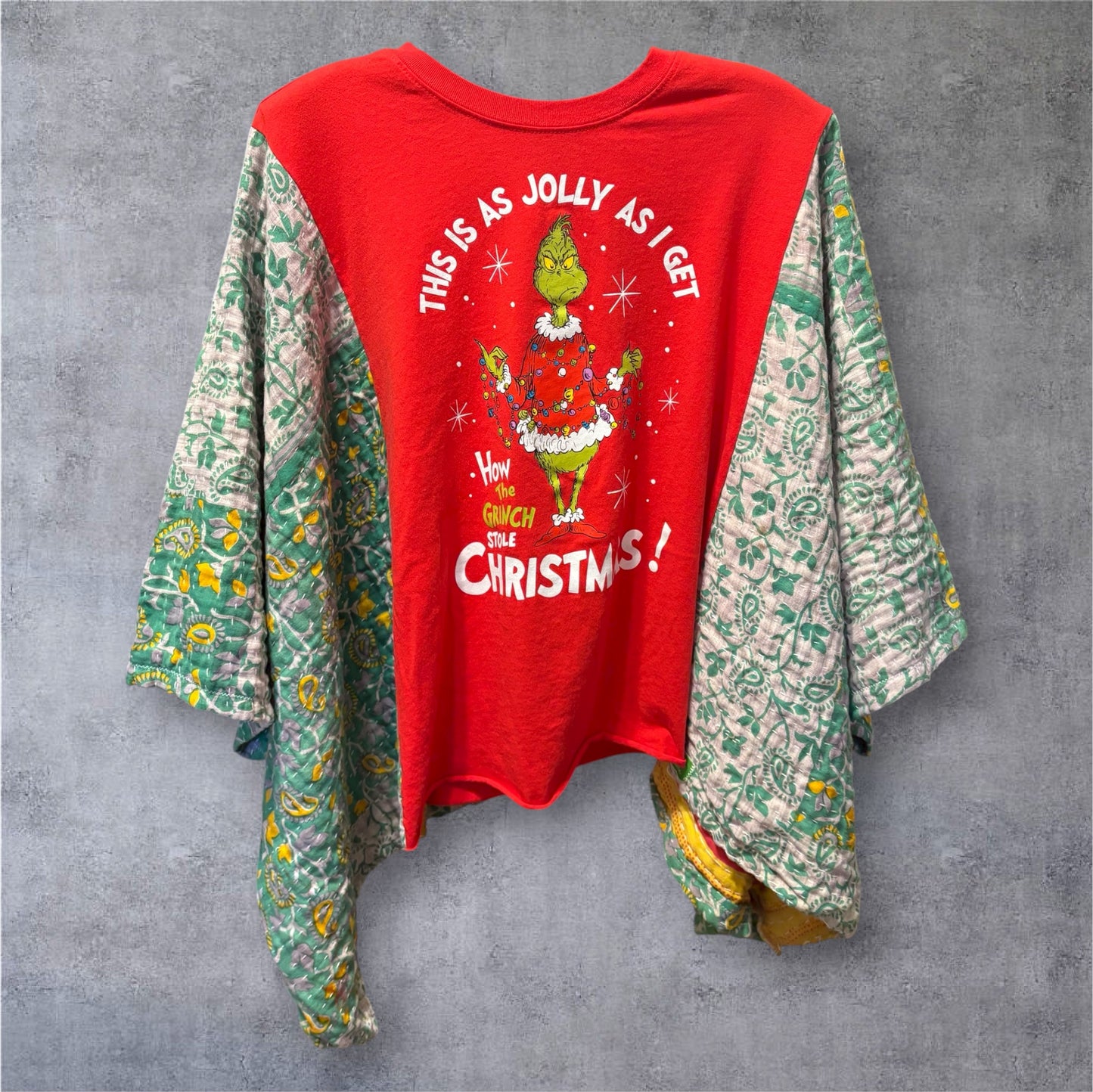 Jolly Grinch Upcycled Vintage Kantha Poncho Tee One Size Fits a Small to XXL