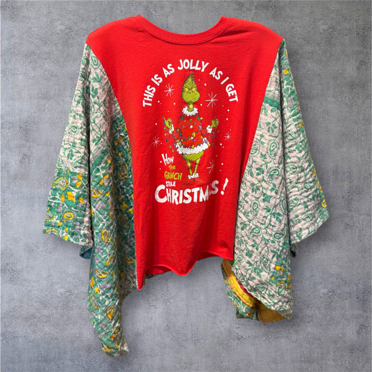 Jolly Grinch Upcycled Vintage Kantha Poncho Tee One Size Fits a Small to XXL