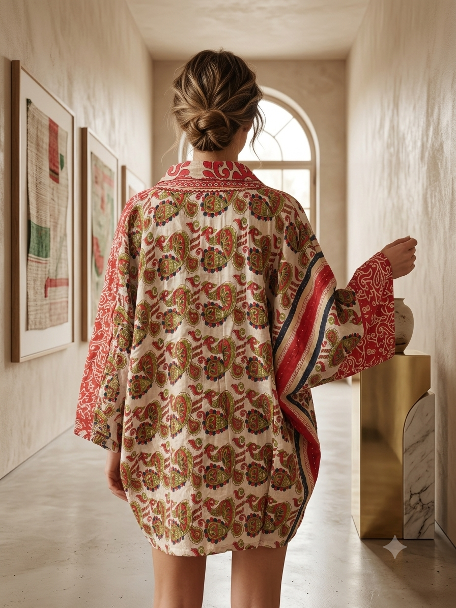Lauren Vintage Printed Cotton Kantha Jacket One Size Fits Small to 2X