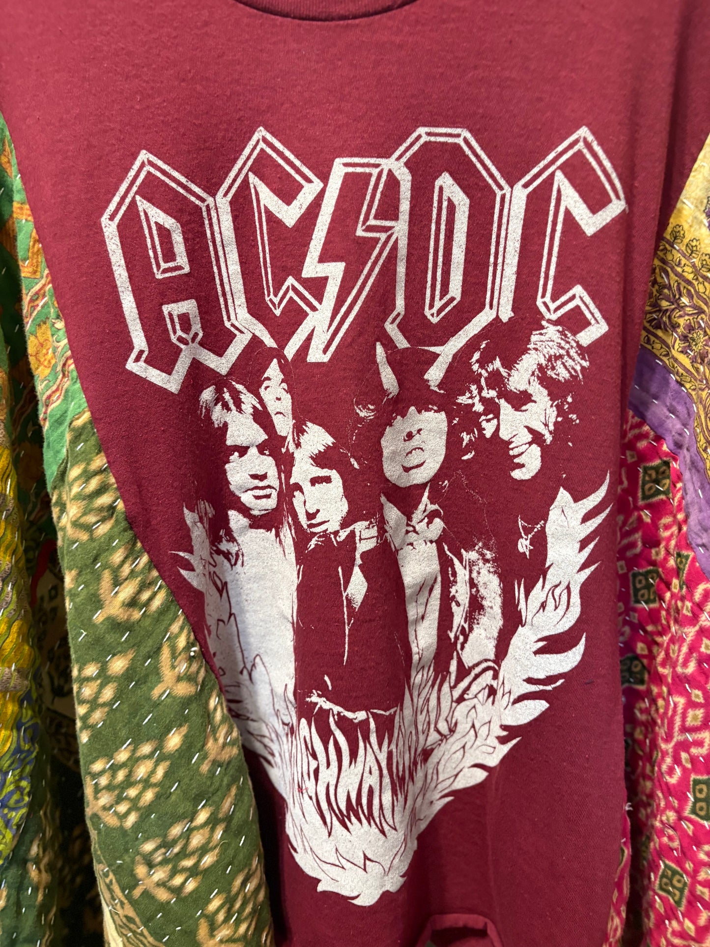 AC/DC Upcycled Vintage Kantha Poncho Tee Fits A Size Small to 3X