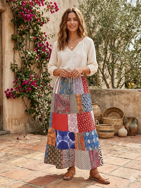 Robyn Patchwork Cotton Maxi Skirt Assorted One Size Fits a Small to XL Size 2-14