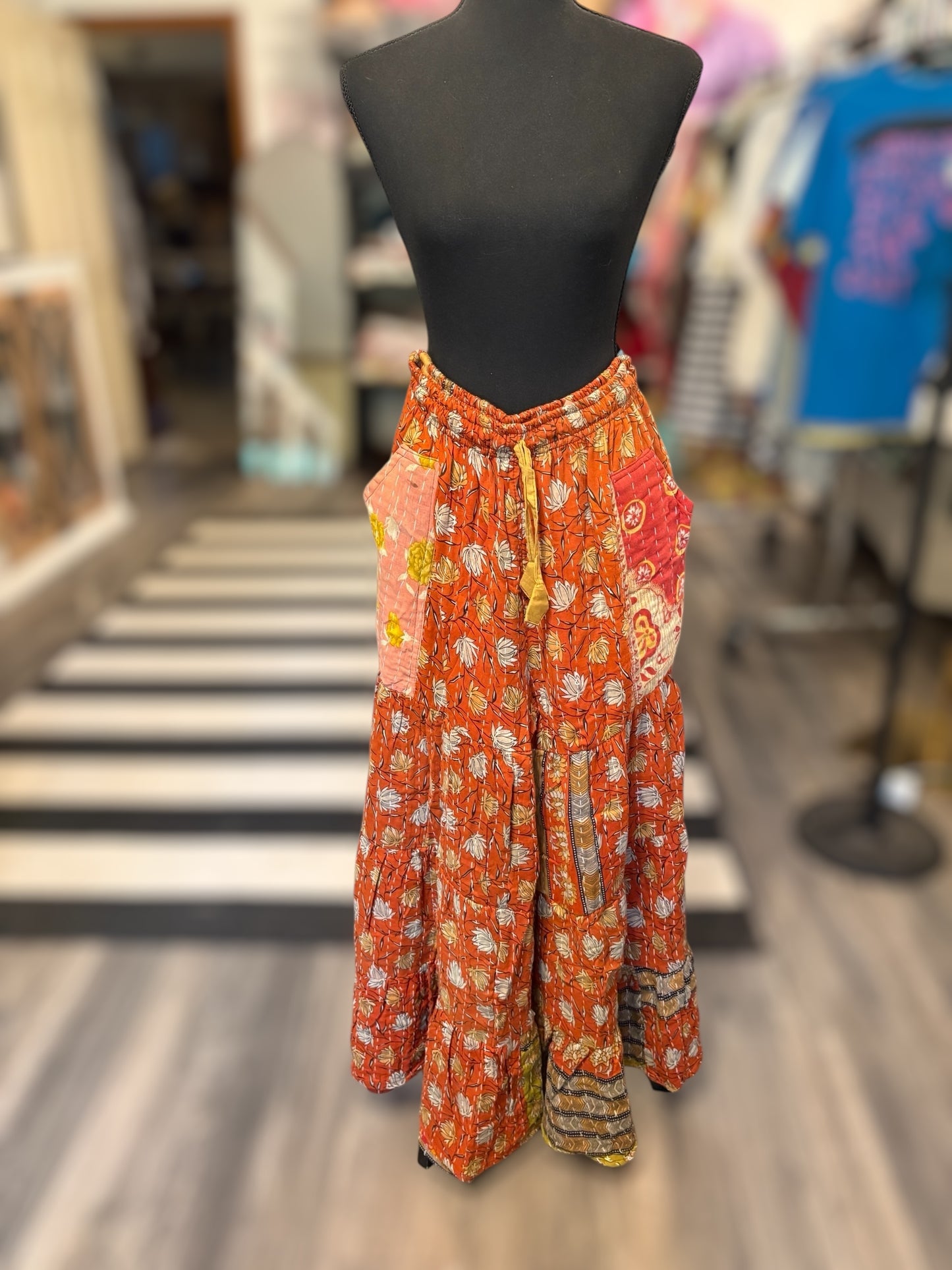 Emily Kantha Flowy Tiered Reversible Palazzo Pant with Pockets: One Size Fits Size 6-16