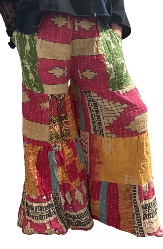 Donna Kantha Flowy Tiered Reversible Palazzo Pant with Pockets: One Size Fits Size 6-16