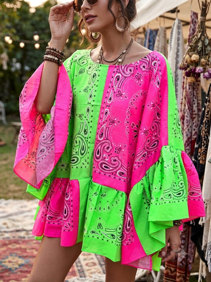 Fluorescent 80s Bandana Ruffled Poncho One Size Fits a Small to 3X