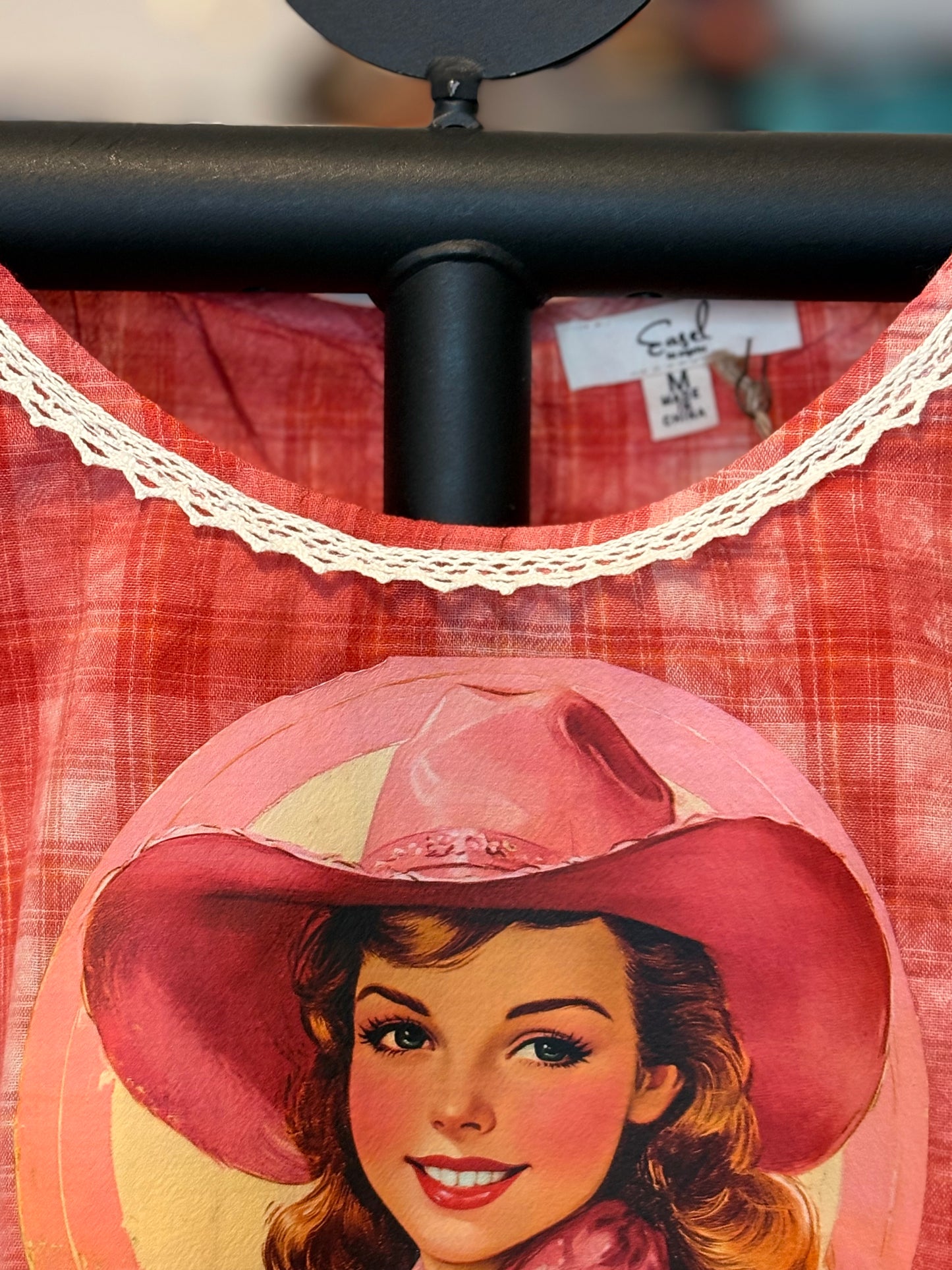 Pretty Pink Cowgirl Upcycled Ruffle Plaid Top OVERSIZED Fits a Small