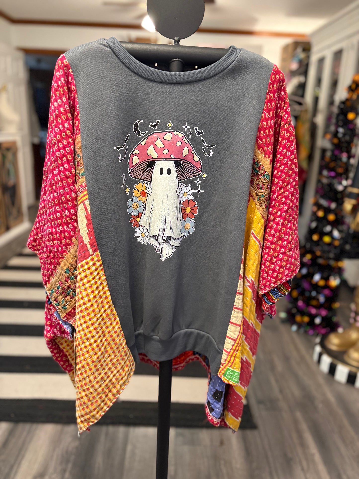 Mushroom Ghost Upcycled Vintage Kantha Poncho Tee Fits A Size Small to XXL
