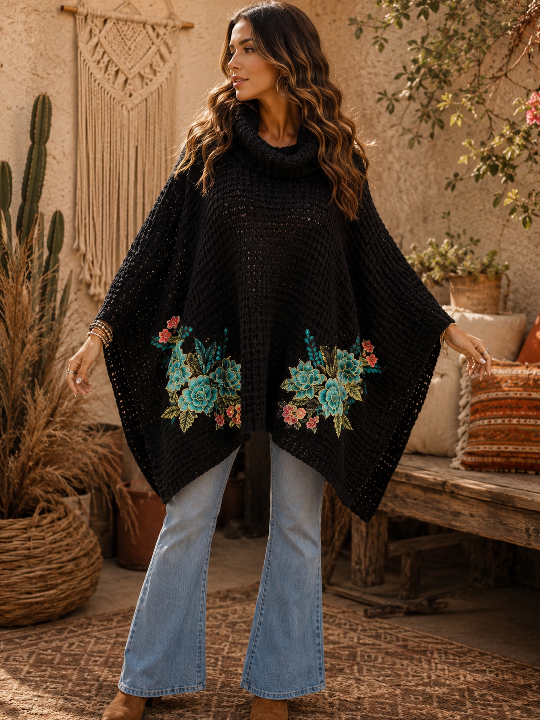 Blue Ivy Hand Embroidered Sweater Poncho by Aratta One Size Fits a Small to 3X
