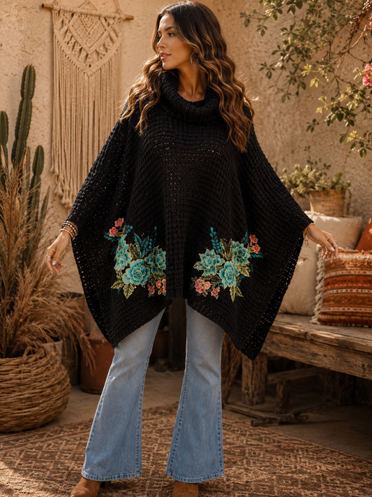 Blue Ivy Hand Embroidered Sweater Poncho by Aratta One Size Fits a Small to 3X