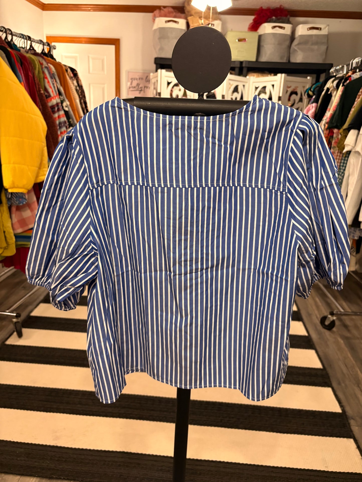 Blue and White Striped Ribbon Tie Top Large
