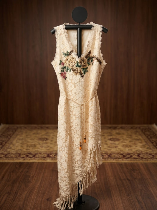 Midsummer Eve Hand Embroidered Crochet Lace Dress by Aratta M/L