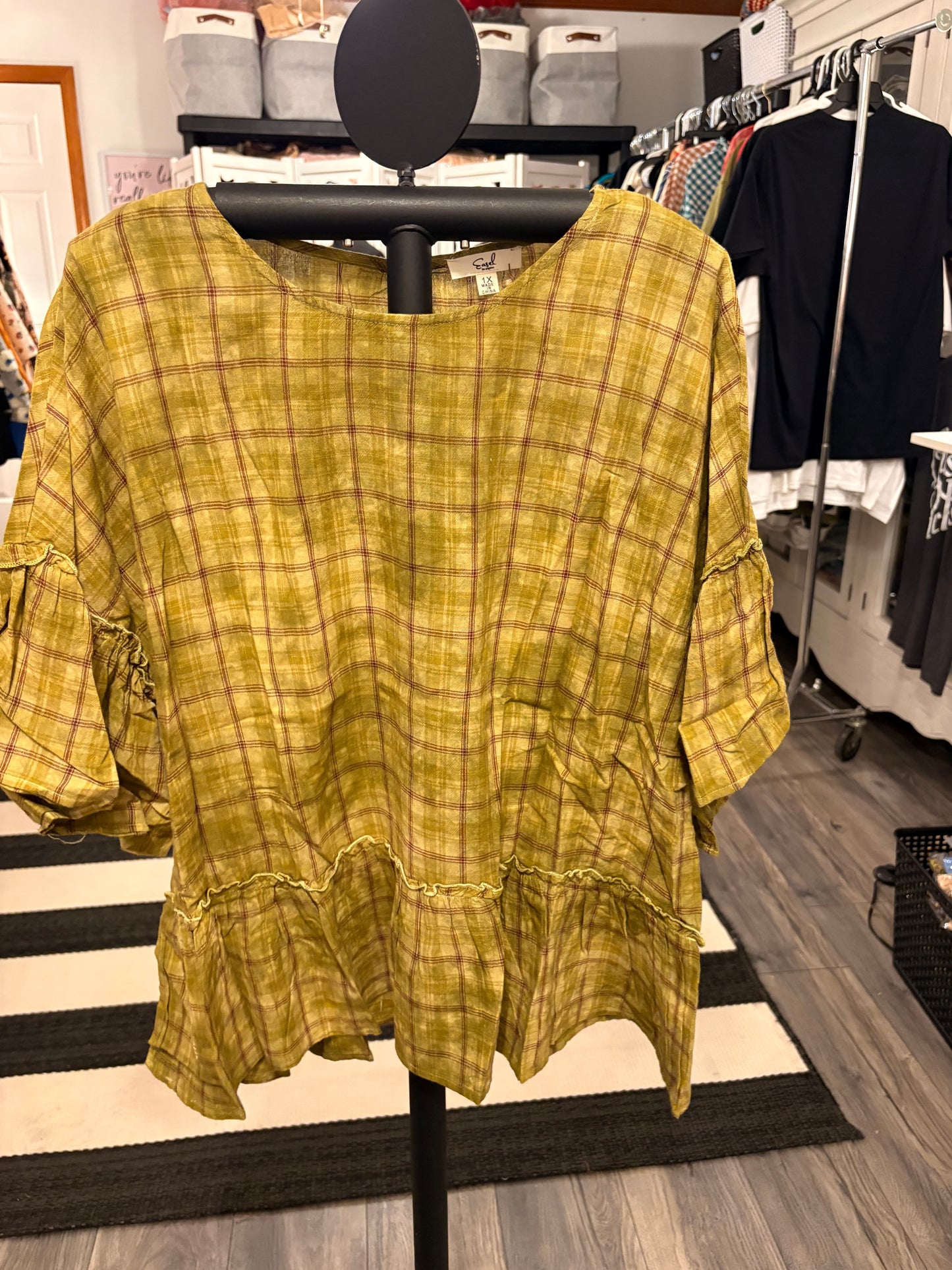 Green Plaid Ruffle Top 1X