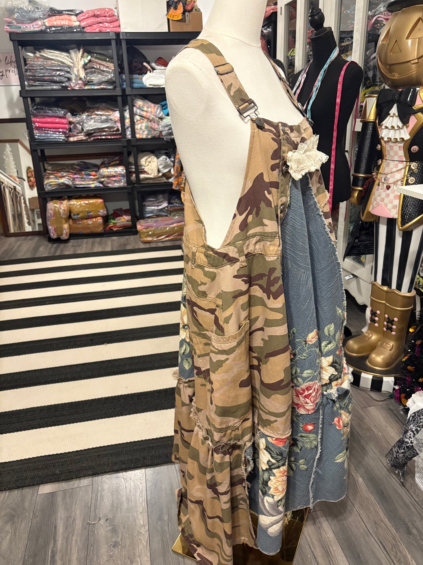 Classy Camo Upcycled Patchwork Overall Dress One Size Fits a Small to XL