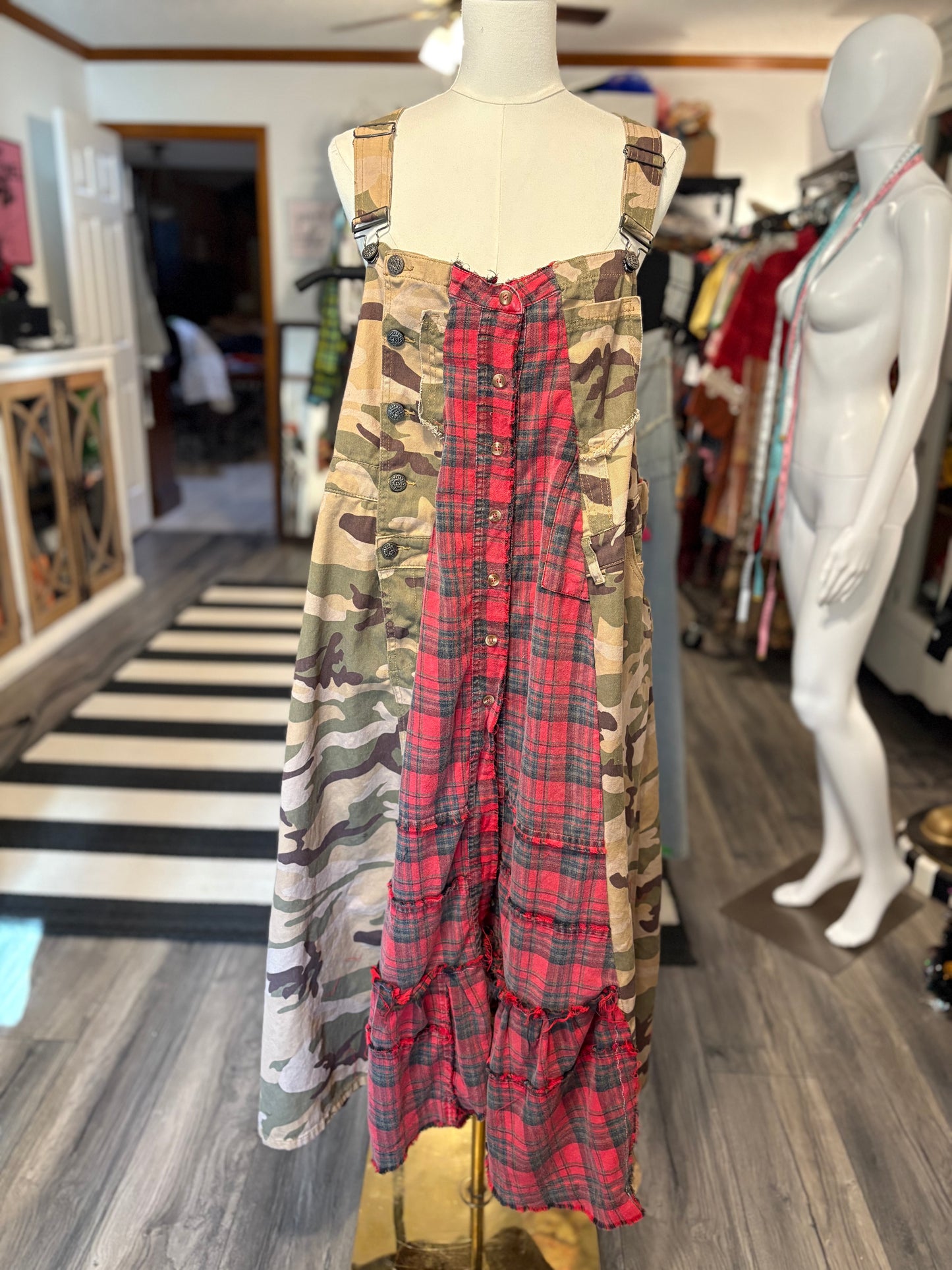 Flannel and Camo Upcycled Patchwork Overall Dress One Size Fits a Medium to XXL