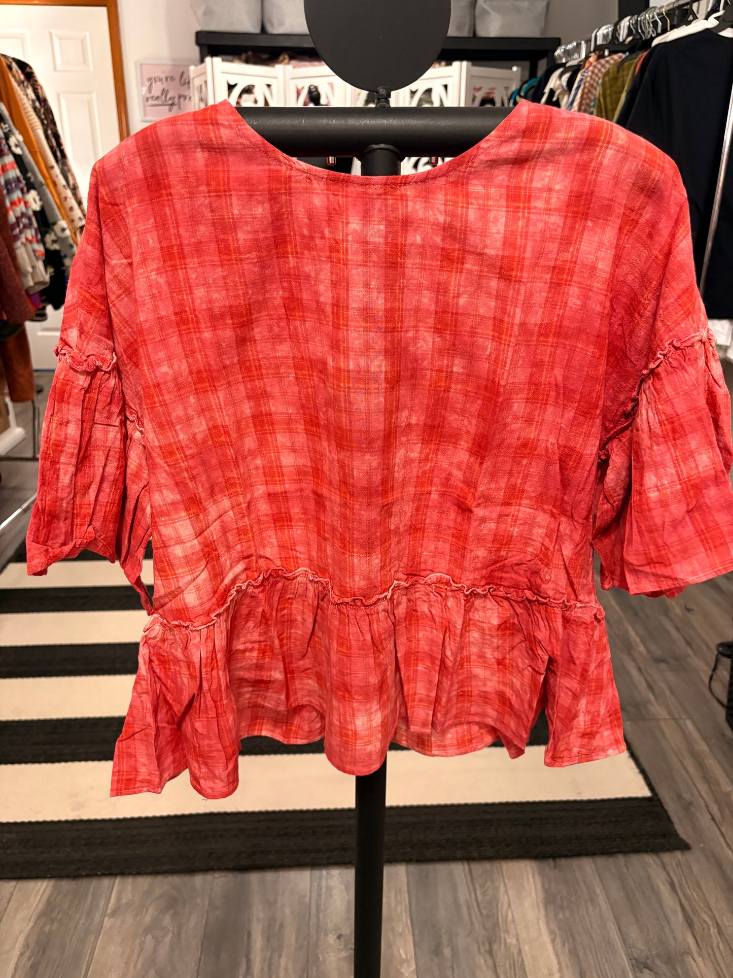 Raspberry Plaid Ruffle Top Small