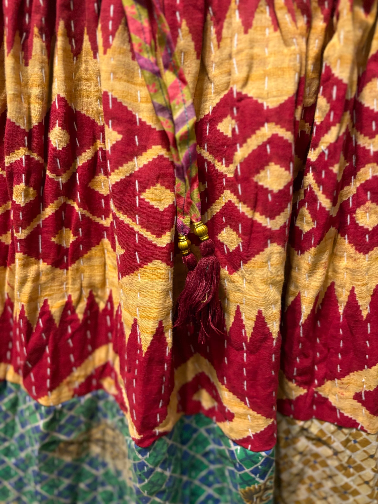Vintage Kantha Boho Long Maxi Skirt with Pockets