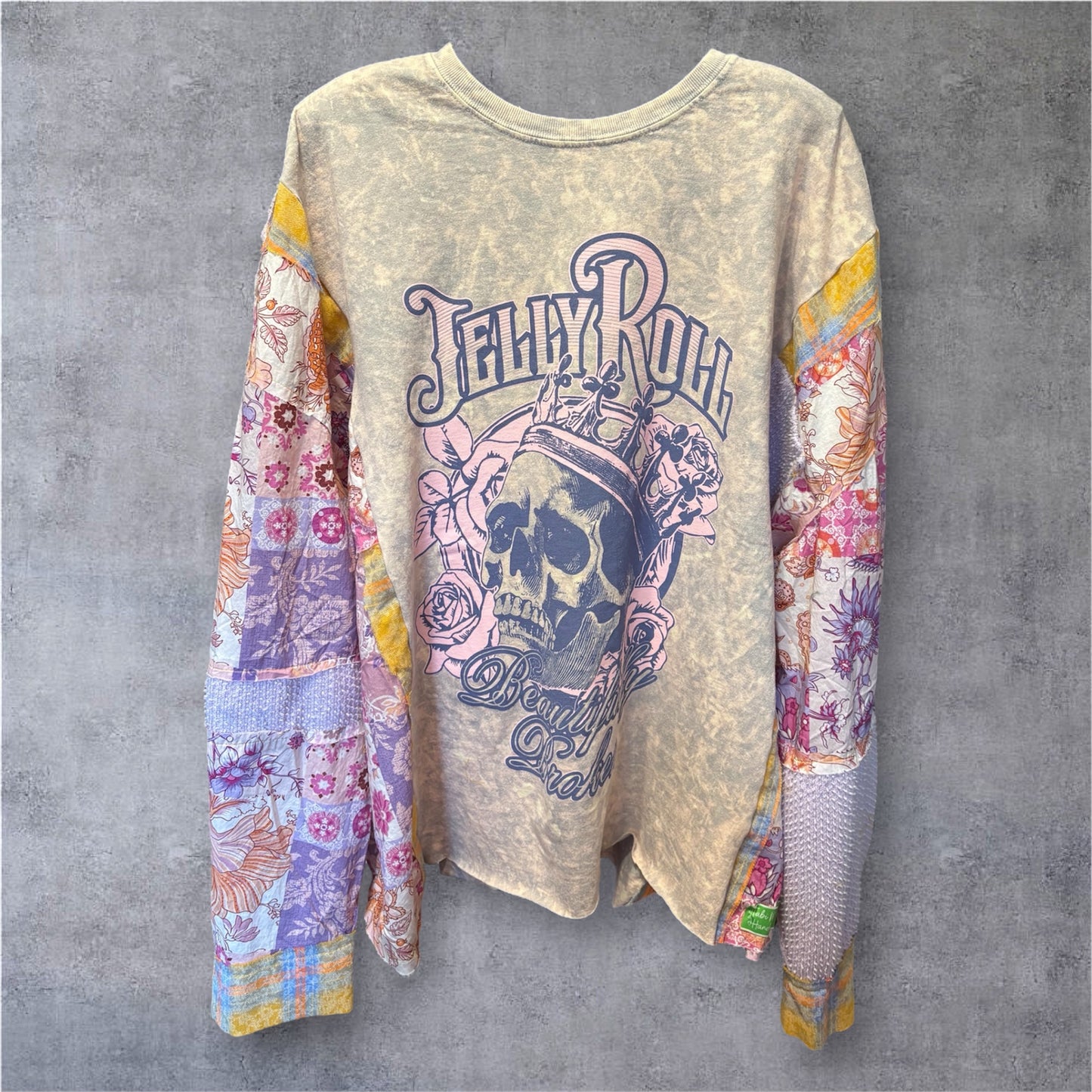 Hard Fought Upcycled Frayed Patchwork Tee One Size Fits a Large to 3X