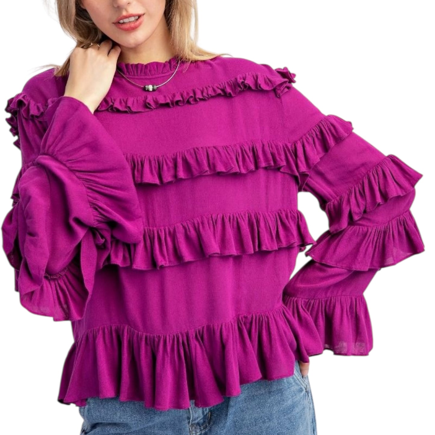Magenta Tiered Ruffle Blouse