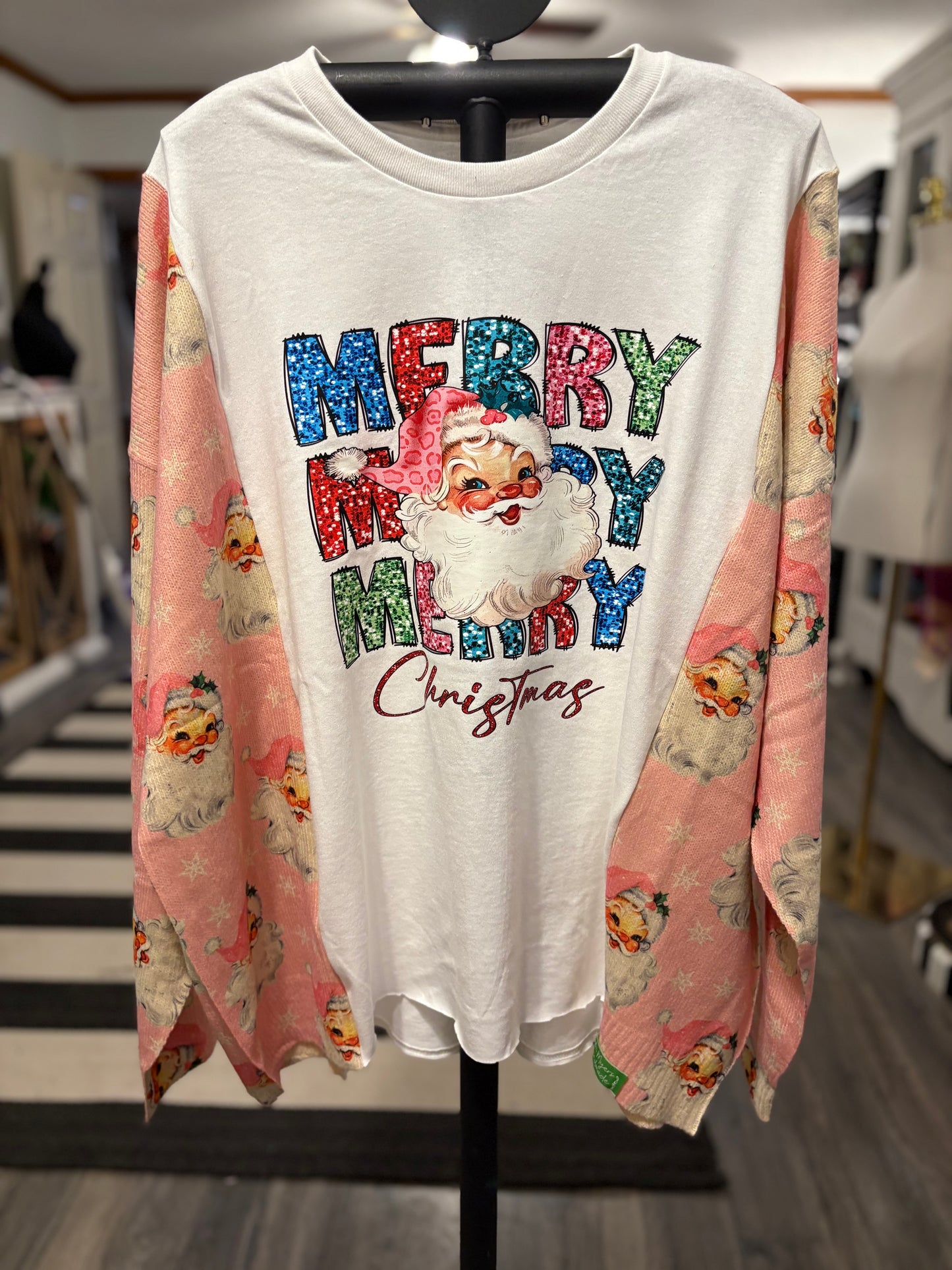 Merry Merry Merry Upcycled Drop Sleeve Tee Sweater One Size Fits a Small to XXL
