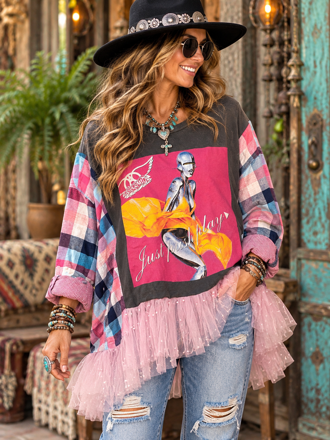 Just Push Play Flannel and Tutu Tee One Size Fits a Small to Large