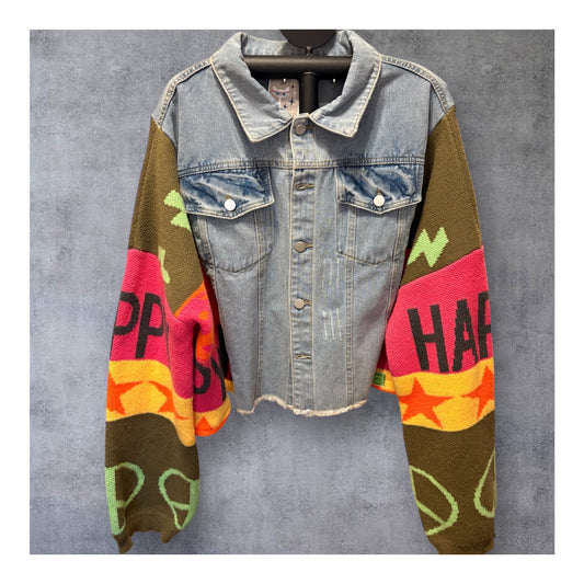 Happy Upcycled CROPPED Denim Jacket Sweater One Size Fits a Small to XXL