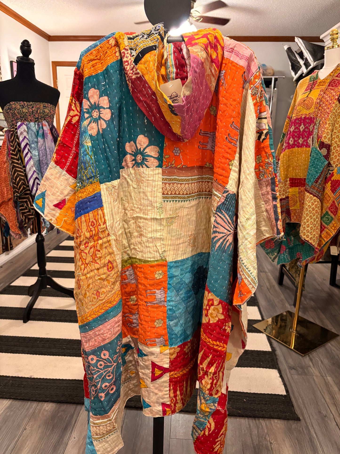 Faith Vintage Kantha Fabric Hood Oversized Poncho Top Dress One Size Fits Most