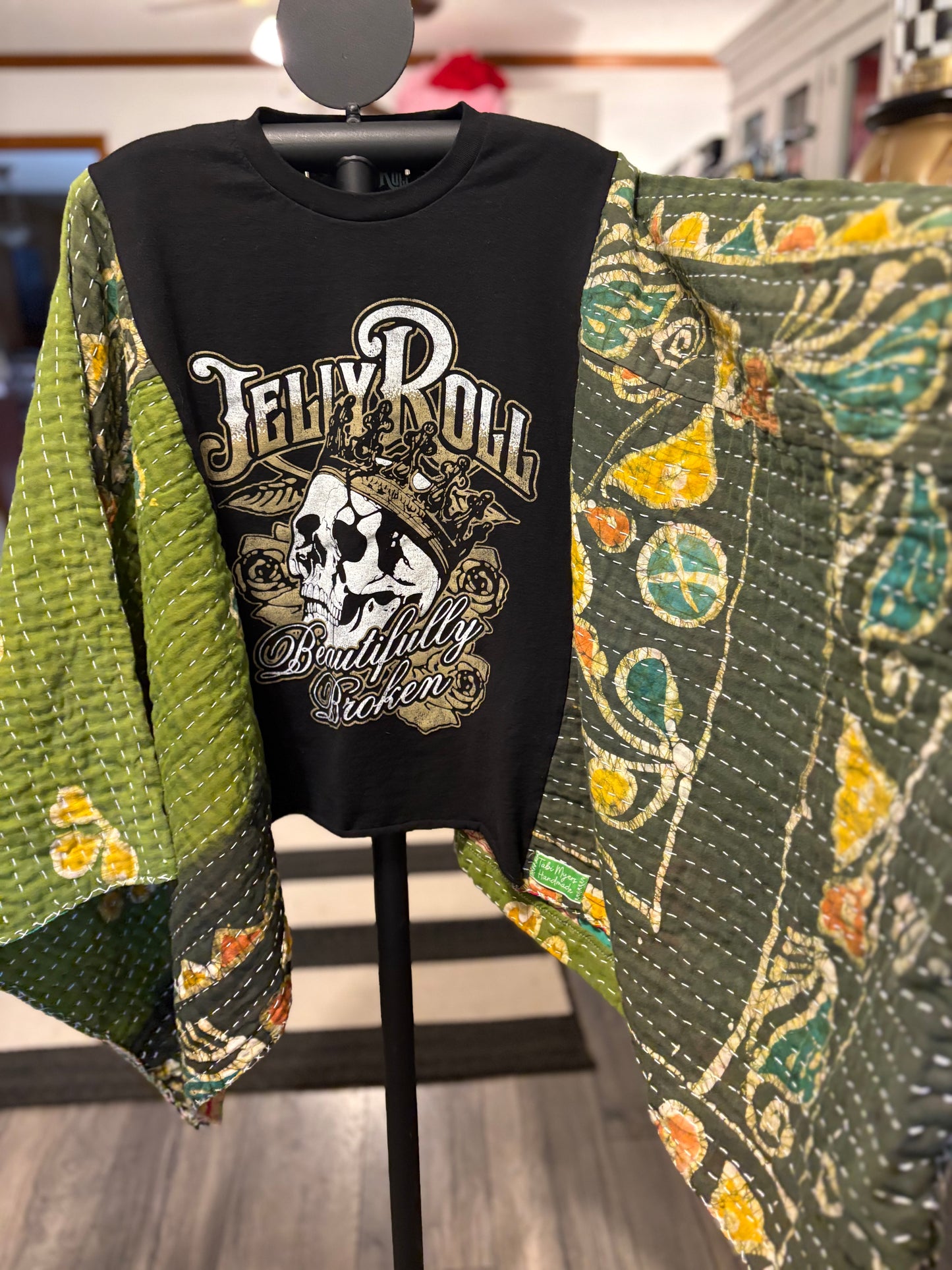 Jelly Roll Upcycled Vintage Kantha Poncho Tee Fits A Size Small to XL