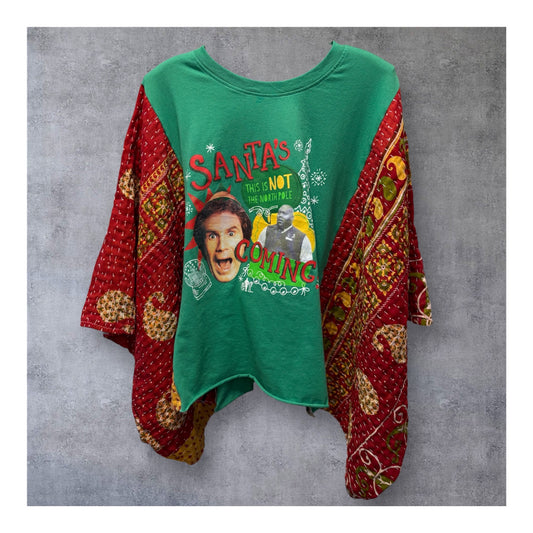 Santa’s Coming Upcycled Vintage Kantha Quilt Poncho Tee One Size Fits a Small to XXL