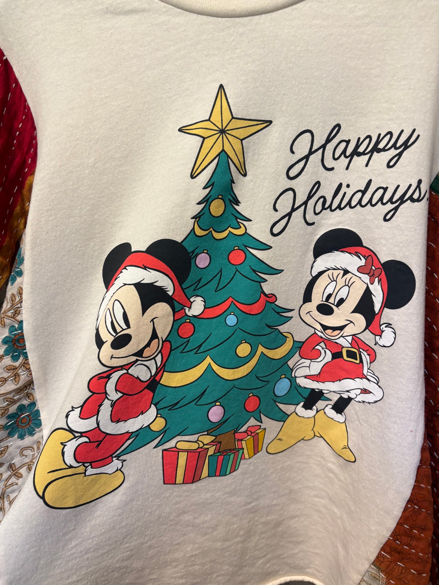 Mickey Christmas Upcycled Vintage Kantha Poncho Tee Fits A Size Small to XXL