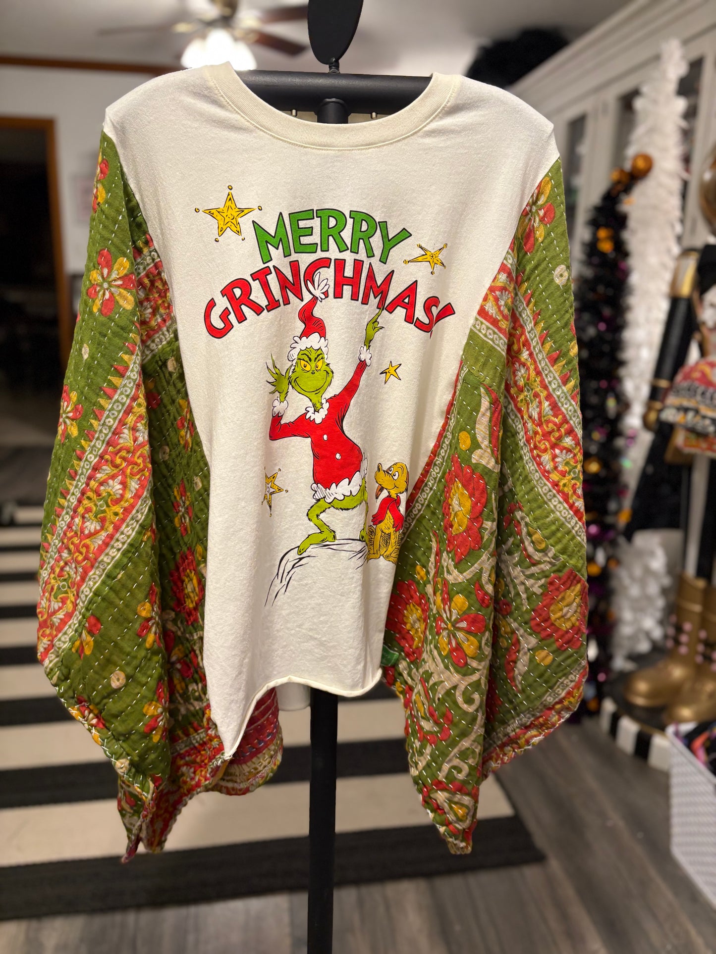 Merry Grinchmas Vintage Kantha Quilt Poncho Tee One Size Fits a Small to XXL