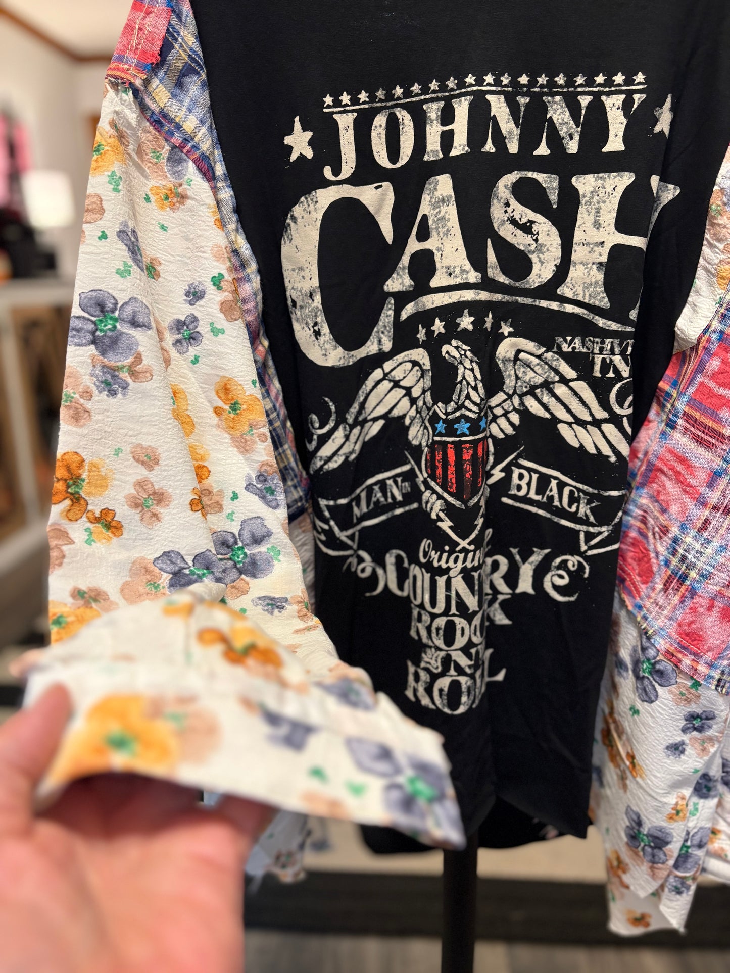 Man in Black Upcycled Frayed Patchwork Tee One Size Fits A Large to 3X Oversized