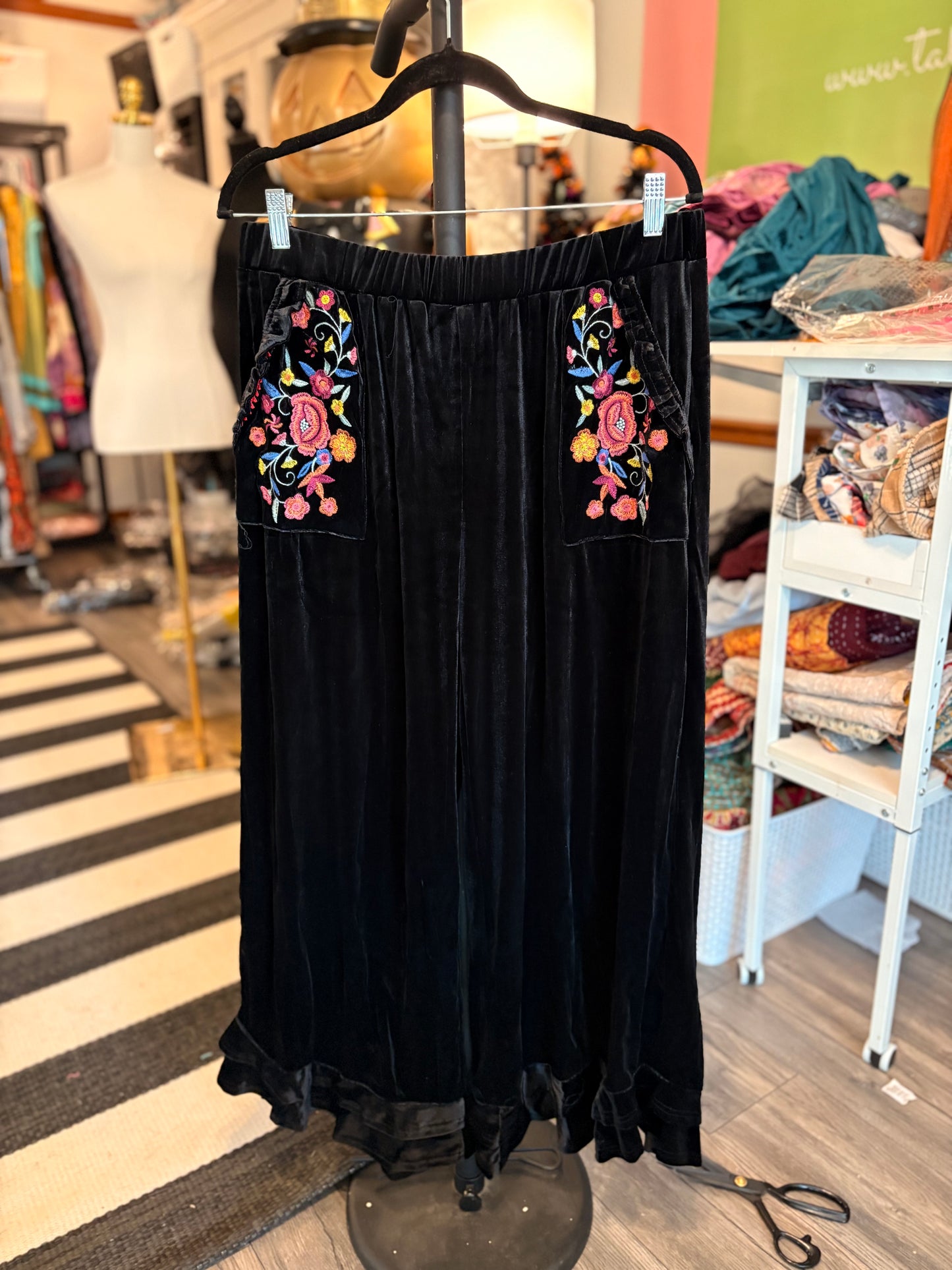 Black Embroidered Velvet Ruffled Bottom Pants