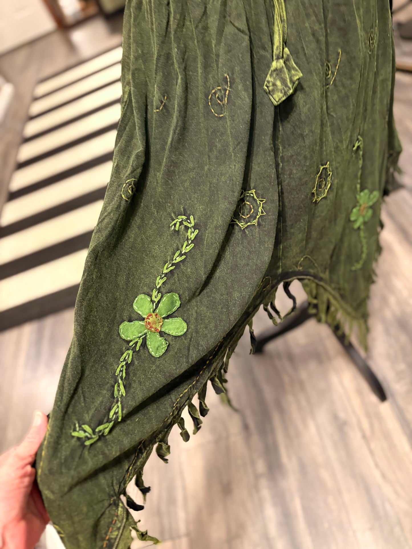 Green Fairy Cotton Hippie Handmade Floral Embroidered Stone Washed Fringe Skirt One Size Fits Small to XL