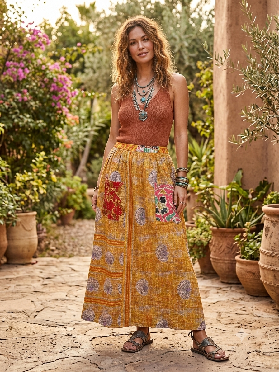 Robin Women's Reversible 2-Layer Floral Kantha Cotton Pocket Skirt One Size Fits A Small to XXL 4-16