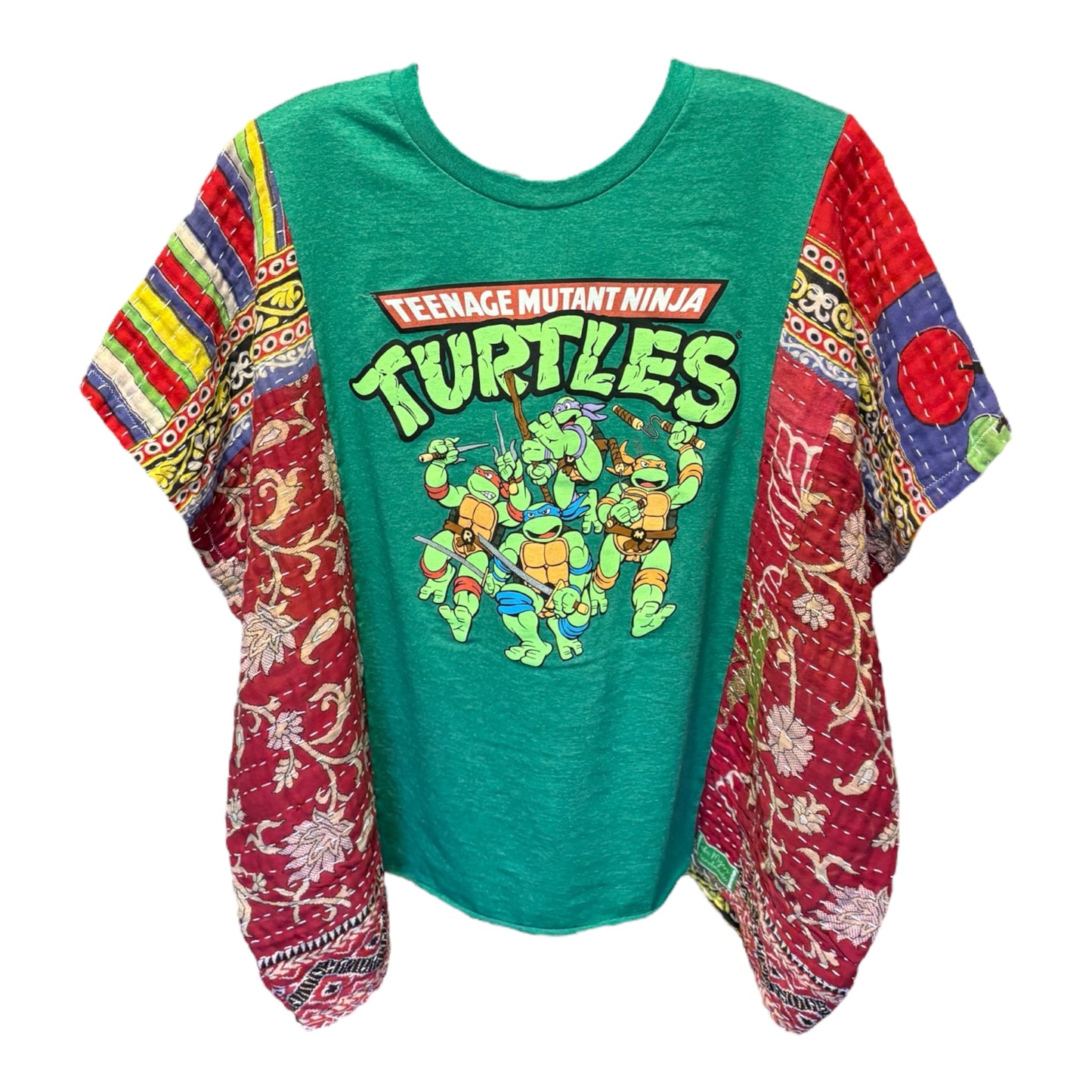 Teenage Mutant Ninja Turtles Upcycled Vintage Kantha Poncho Tee Fits A Size Small to XL