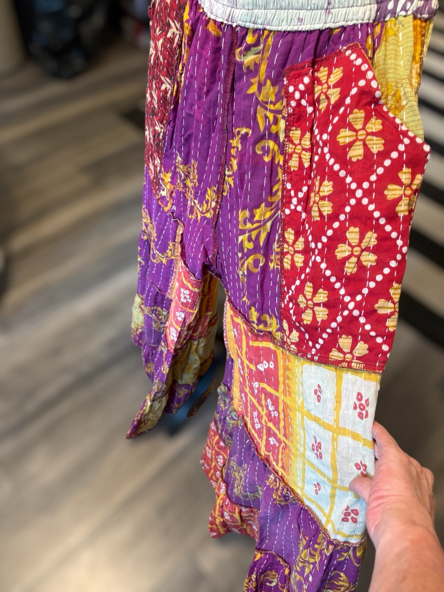 Raven Kantha Flowy Tiered Reversible Palazzo Pant with Pockets: One Size Fits Size 6-16