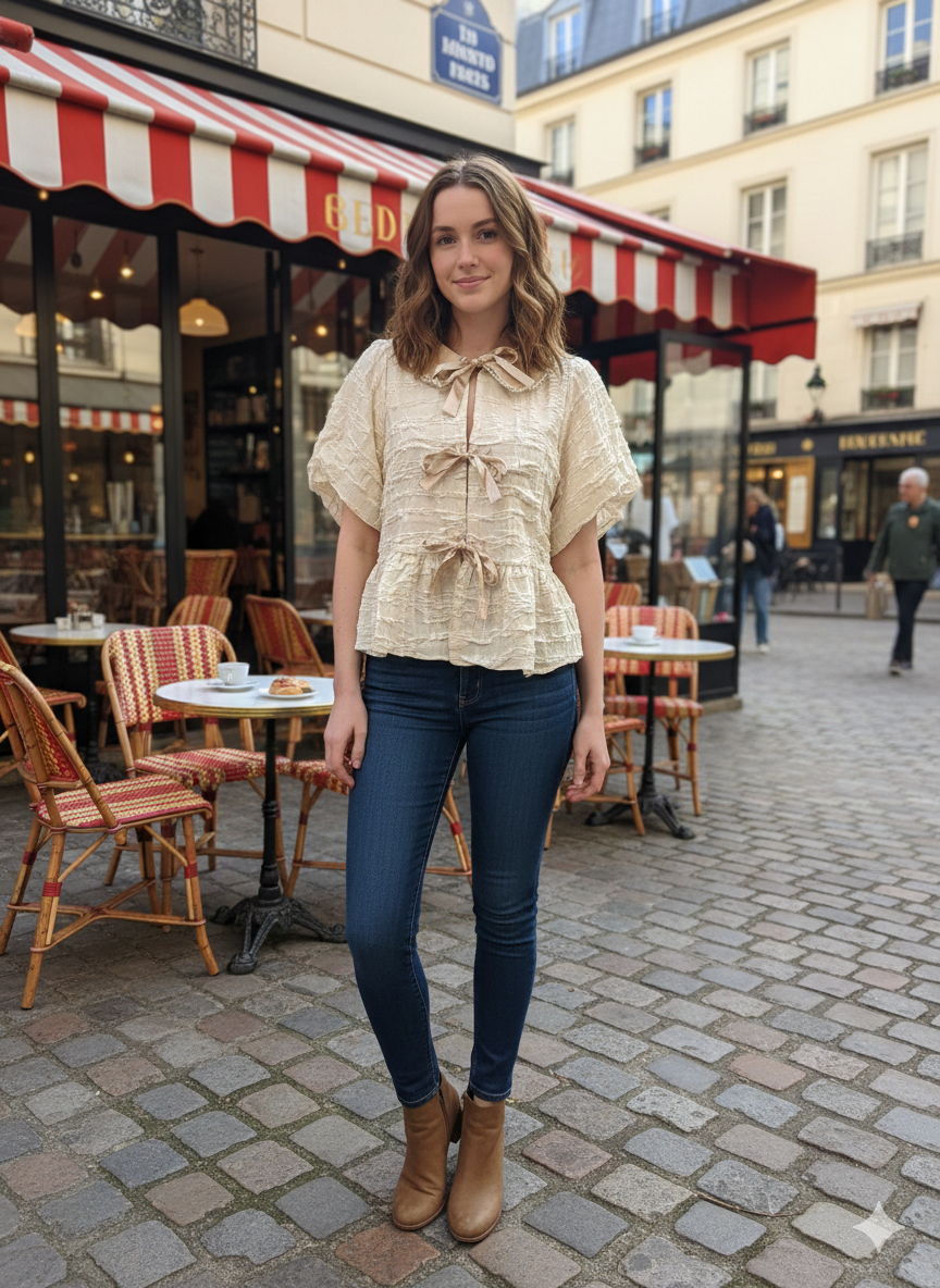 Camille Candlelight Ribbon Front Tie Ruffled Top