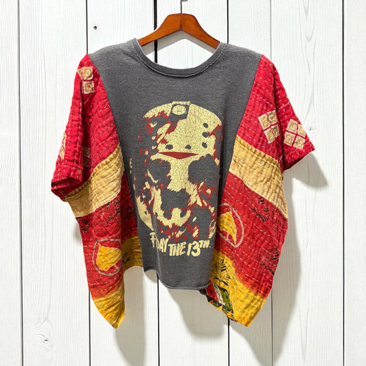 Friday the 13th Upcycled Vintage Kantha Poncho Tee Fits A Size Small to XXL