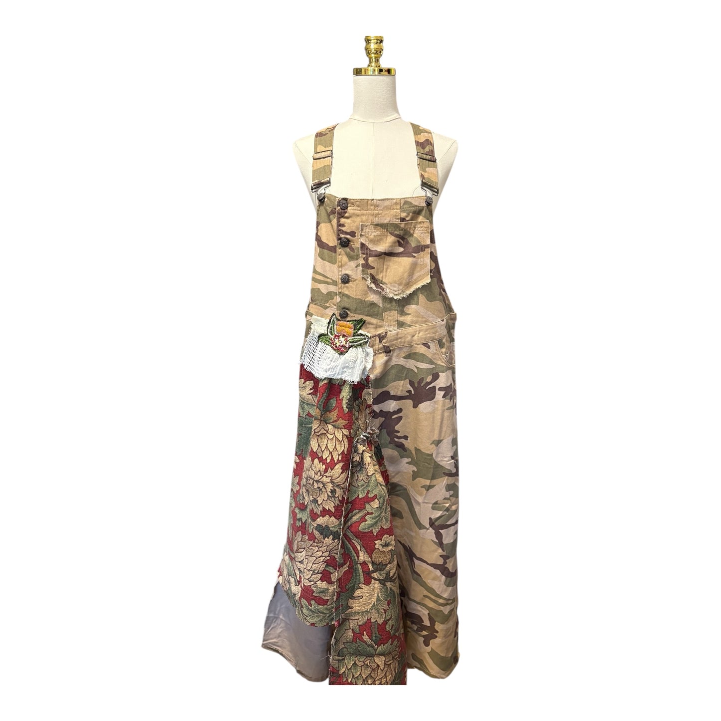 Floral Camo Upcycled Patchwork Overall Dress One Size Fits a Small to XL