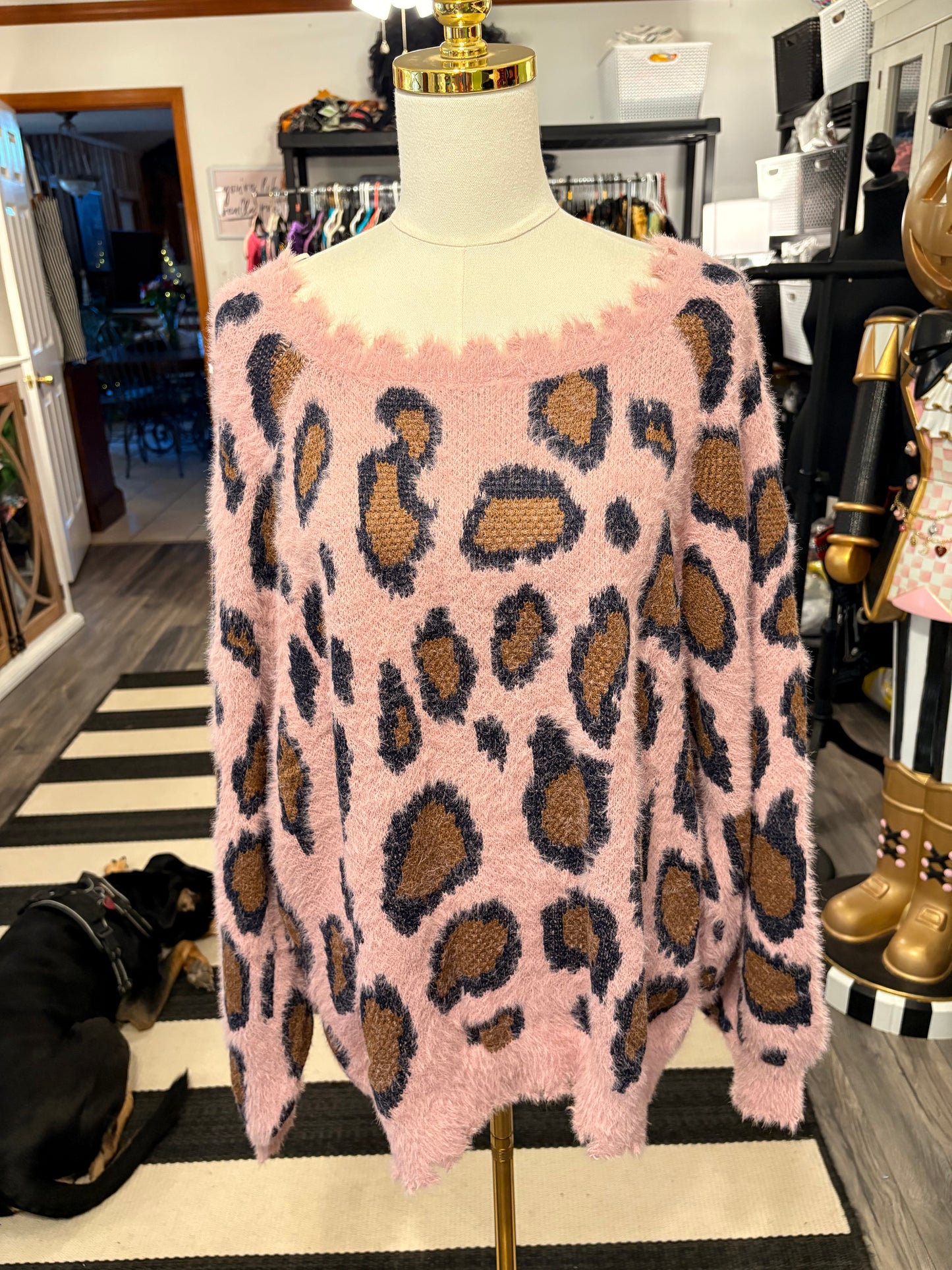 Dusty Pink Fuzzy Cheetah Sweater Plus Size